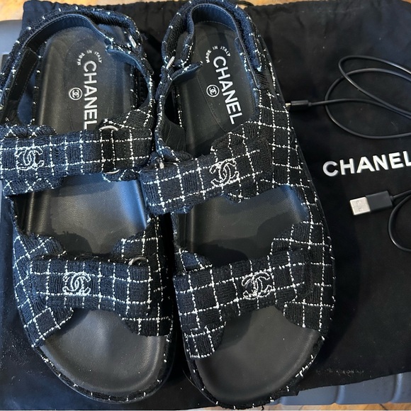 NEW Chanel Tweed Black & White Light Up Dad Sandals Size 41 Size 10 - Picture 1 of 9